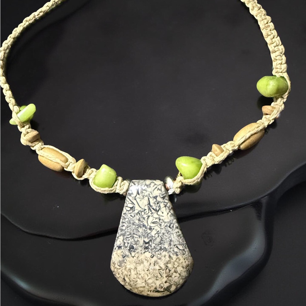 Macrame Necklace With A Large, Distinctive Stone Pendant